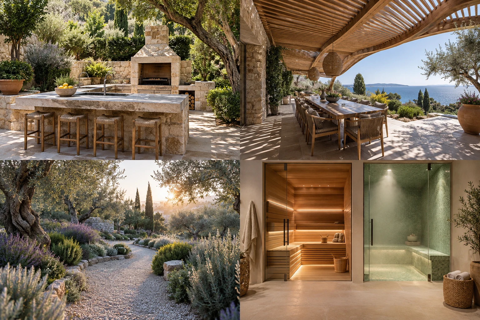 Concept: An outdoor kitchen in solid stone, set within a lush garden.