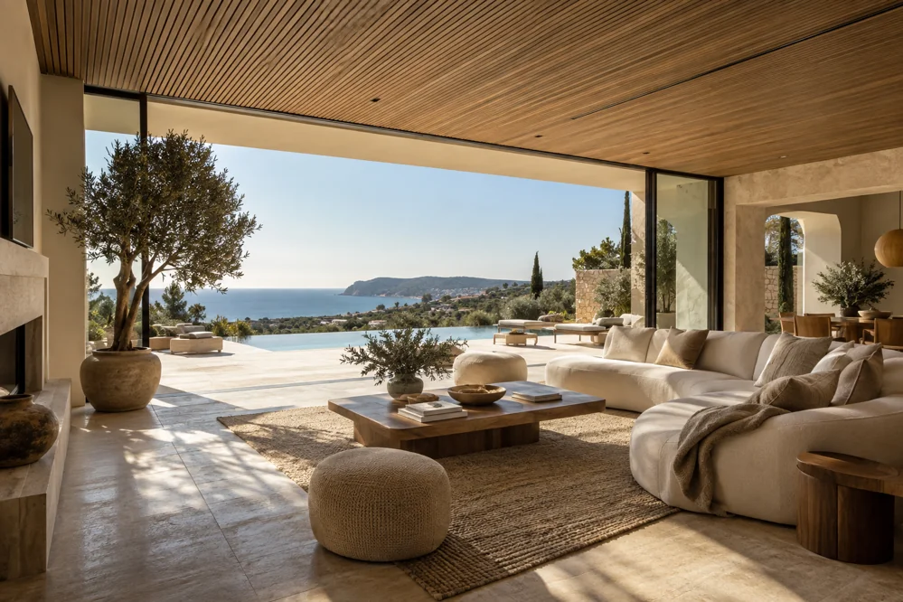 Concept villa interior with walnut ceiling and views to the garden and sea