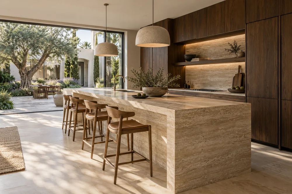 Concept kitchen with a travertine island, walnut cabinetry and a garden view